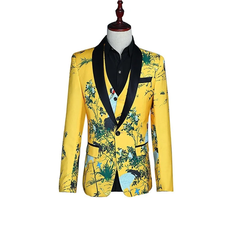 

Men Suit Singer Stage Show 3-piece Coat Vest Pant Yellow Print Dress Single Breasted Chinese Fashion New Style Yellow Mens Suits