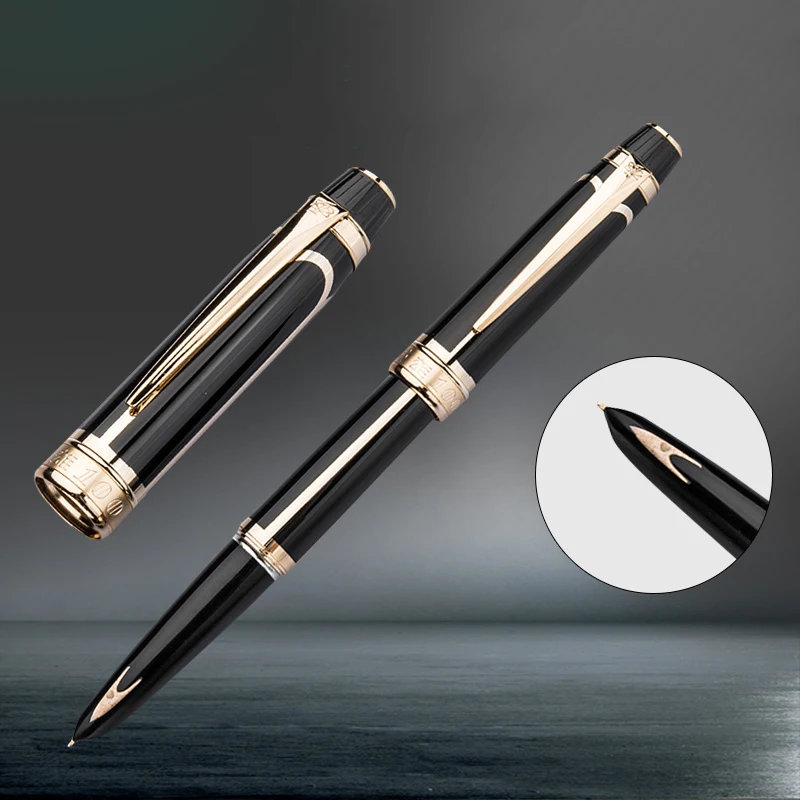 Hero 100 14K Gold Nib Fully Metal Fountain Pen Arrow Mark Golden Lines Authentic Quality Black Color Ink Pen Writing Gift Set
