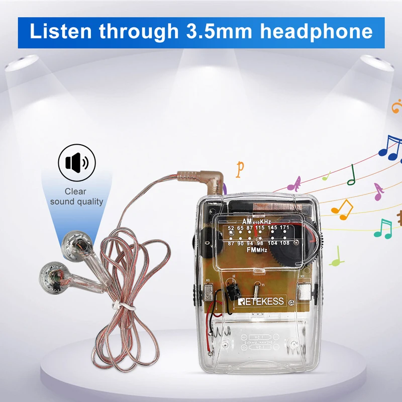 RETEKESS 10Pcs TR624 Transparent Portable Radio AM / FM Pointer Tuning Support Headphones Used for Church Conference Museum | Электроника