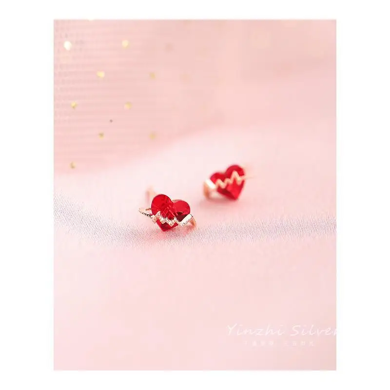 

Red Zircon Electrocardiogram Heart Small Stud Earrings For Women 925 Sterling Silver Romantic Cute Style Female Fine Jewelry