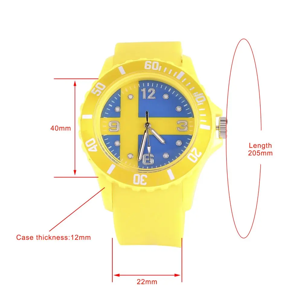 Кварцевые часы с рисунком флага Швеции/России желтый цвет силиконовый ремешок