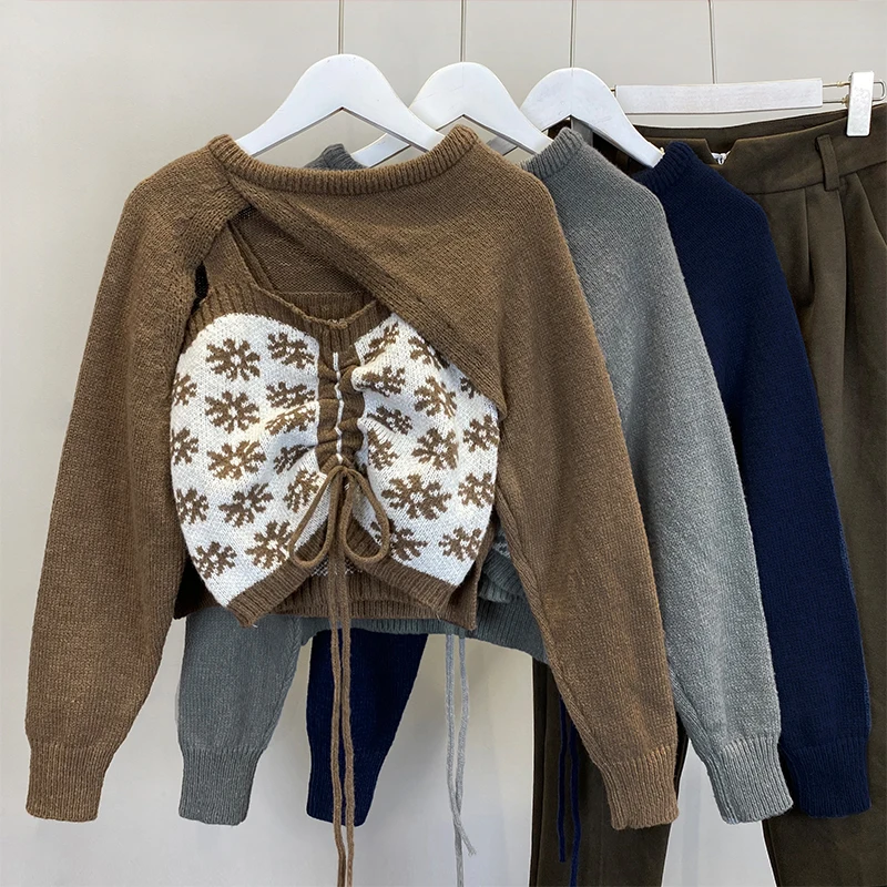 

Женский костюм, осень 2021, дизайнерский короткий пуловер с круглым вырезом и длинными рукавами, свитер с короткой кофтой с принтом