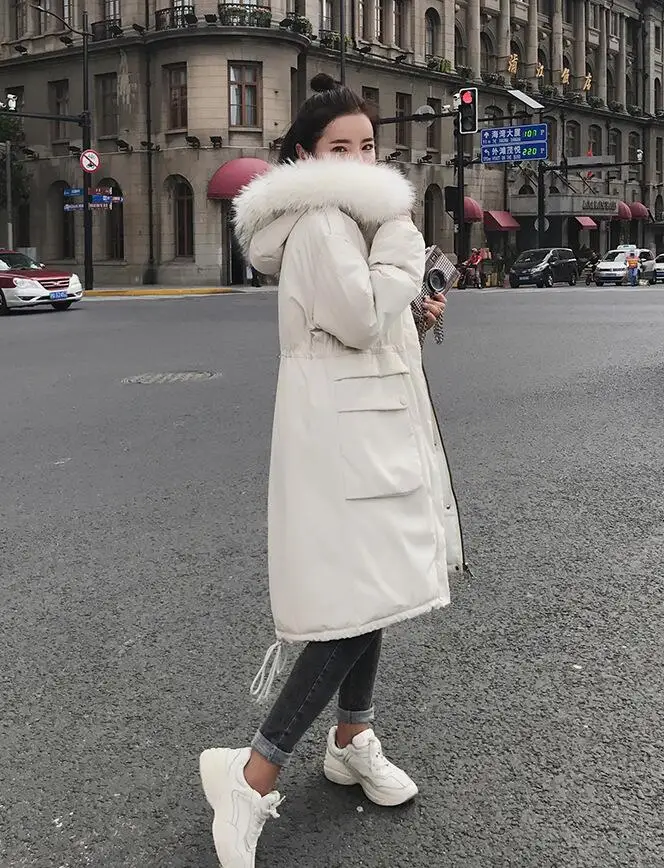 

Fashion 2019 New Winter Women Faux Fur Collar Hooded Down Cotton Loose Long Coat Outwear Female Padded Jacket Parkas