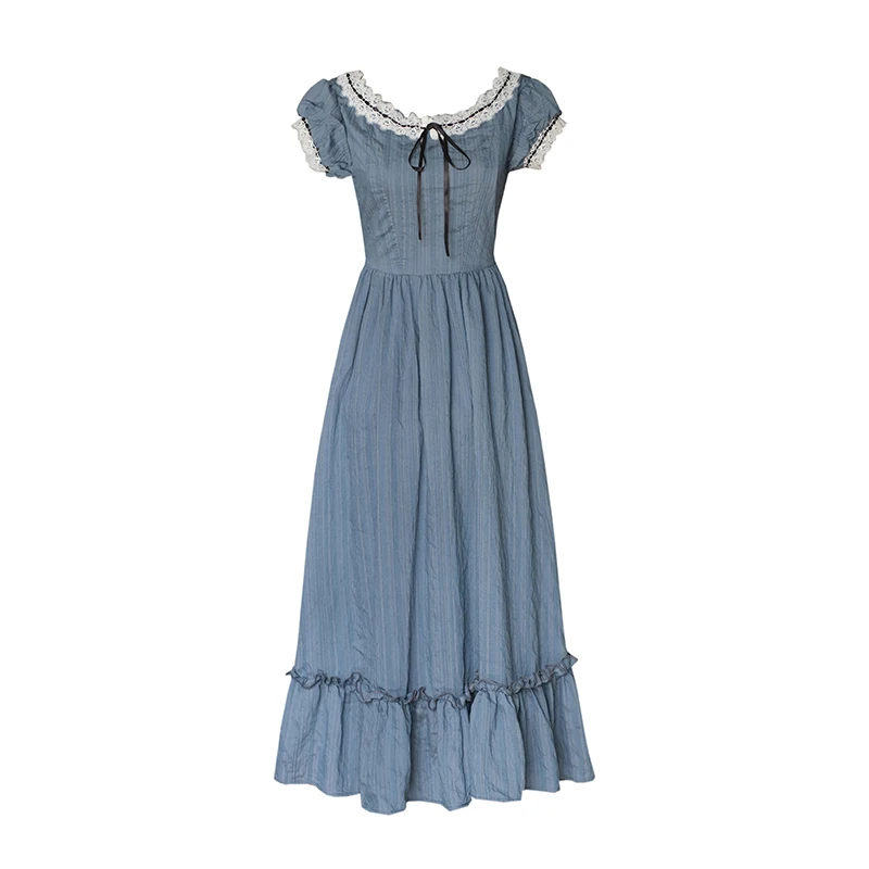 

Women Dress Summer Vintage Elegant Slim European Romance Blue Long Dress Retro Lace Sexy Slash Neck Casual Everyday Midi Dress