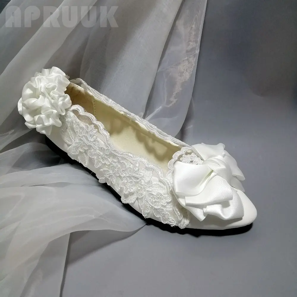 

White flower lace flats wedding shoes for bridal ladies flower girl brides lace party club dinner proms ceremony white lace shoe