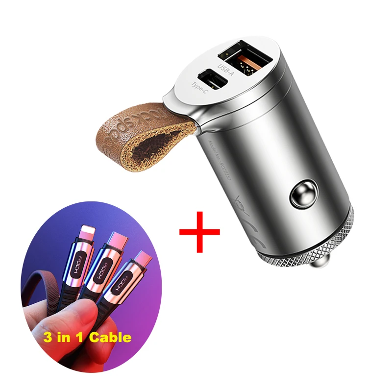ROCK QC4.0 автомобильное зарядное устройство 30 Вт USB-C PD QC3.0 30 Вт 5A быстрое зарядное устройство с ремнем два порта usb мини автомобильный телефон зарядное устройство FCP AFC - Тип штекера: Silver Add Cable