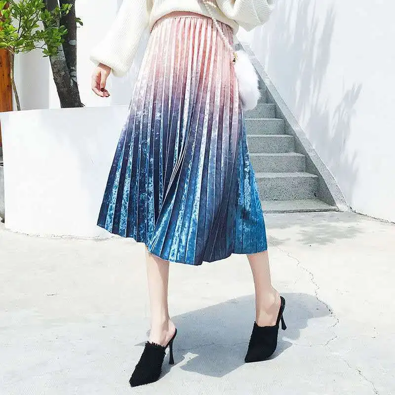 

Women's Gradient Color Pleuche Pleated Skirt Autumn Winter Streetwear High Waist Long Organ Skirt Ladies Midi Skirt