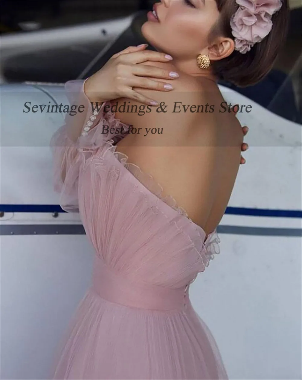 

Sevintage Pink Short Prom Dresses 2021 A Line Puffy Sleeves Homecoming Dress Ruffles Tea-Length Backless Graduation Party Gowns