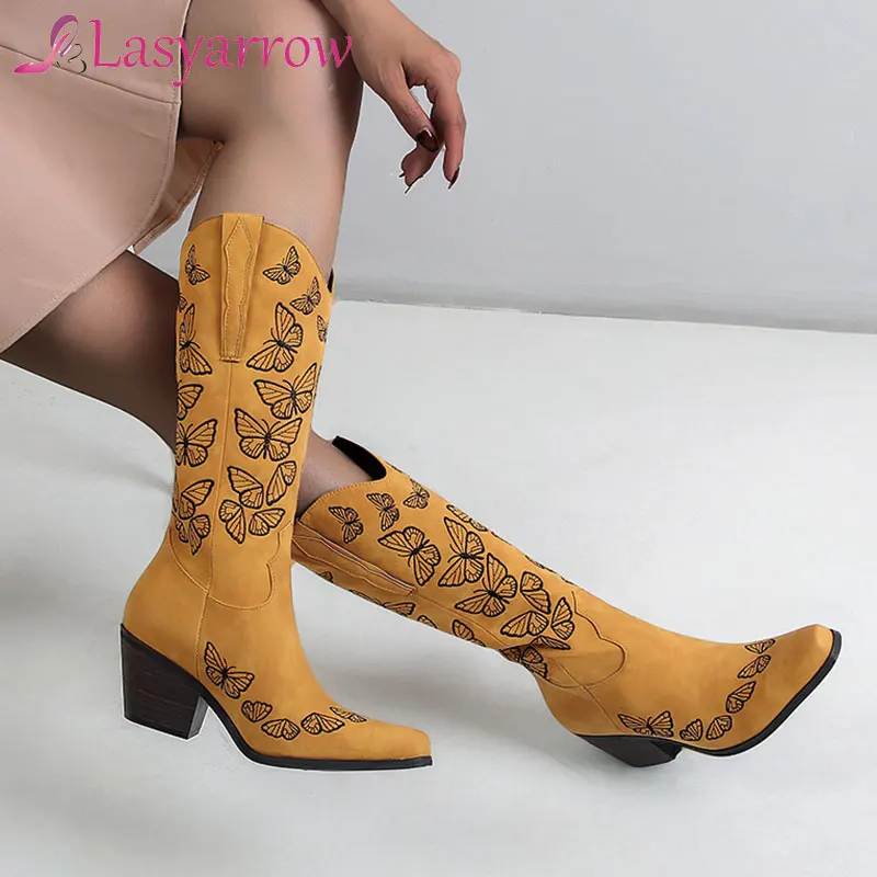 

Lasyarrow 2021 New Winter Women Shoes Knee High Cowboy Boots Ethnic Bowtie Embroidery Chunky Heel Winter Riding Equestrian Boots