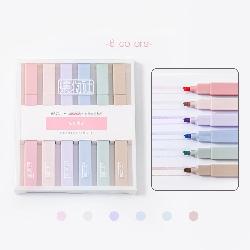 

6PCS/Set Soft Tip Highlighter Light Color Kawaii Marker Pen DIY Photo Album Journal Fluorescent Pen Student Stationery for Gifts