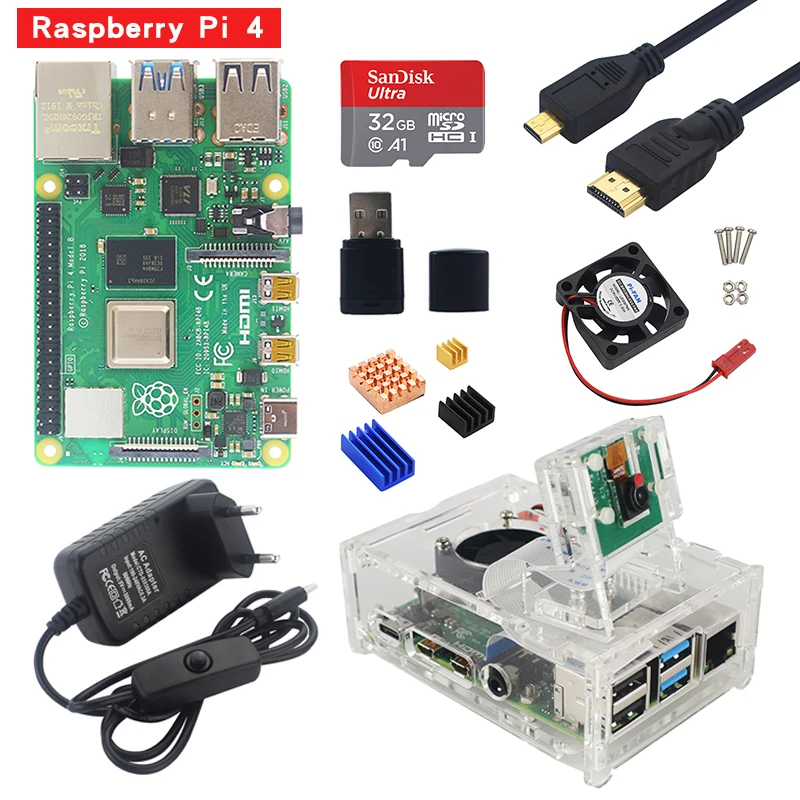 Raspberry Pi 4 стартовый комплект 1 г 2 г 4 г ram плата с акриловым чехол 5MP камера 3A блок питания теплоотвод для Raspberry Pi 4 Модель B