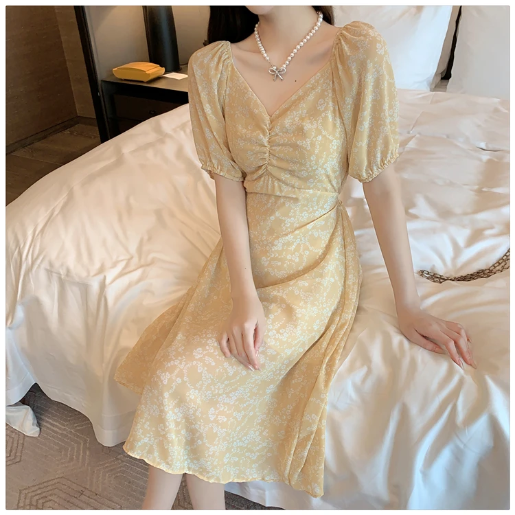 

Ladies Print Dress Summer Casual V-Neck Short Sleeve Slim A-Line Dress Women Clothing Vestido Feminino 2021 New