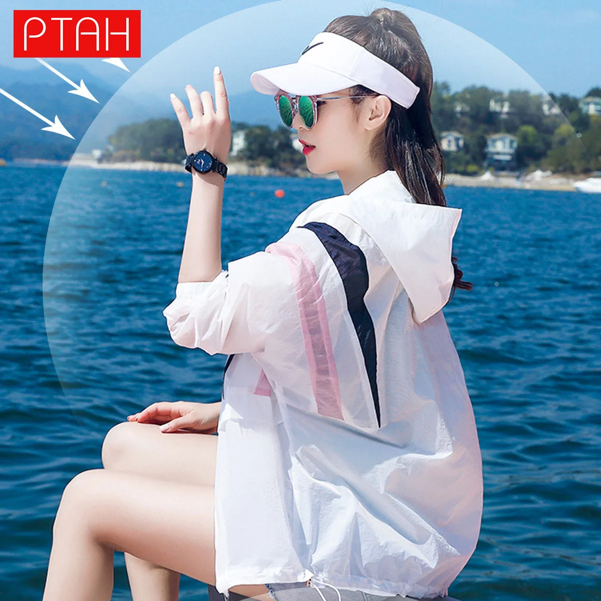 

[PTAH] New Sun Protection Clothing Women Zip Up Hoodie Long Sleeve Running Hiking Jacket Outdoor Performance Blocking UV UPF 50+