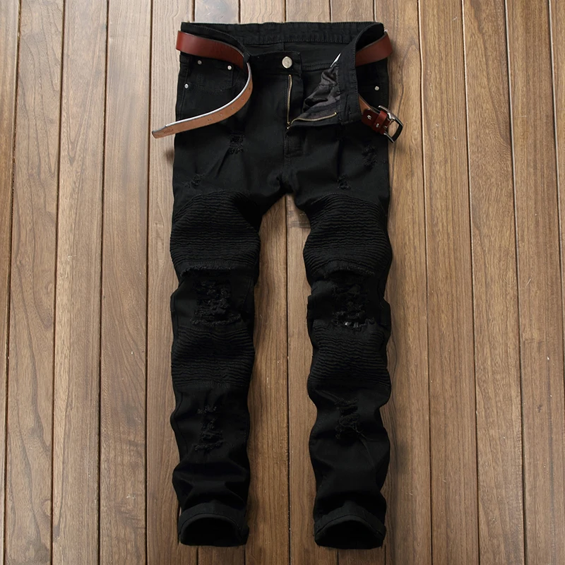 

Europe And America High Street Hole Men's Black Jeans Casual Fit Elastic To Take A Amazon Foreign Trade