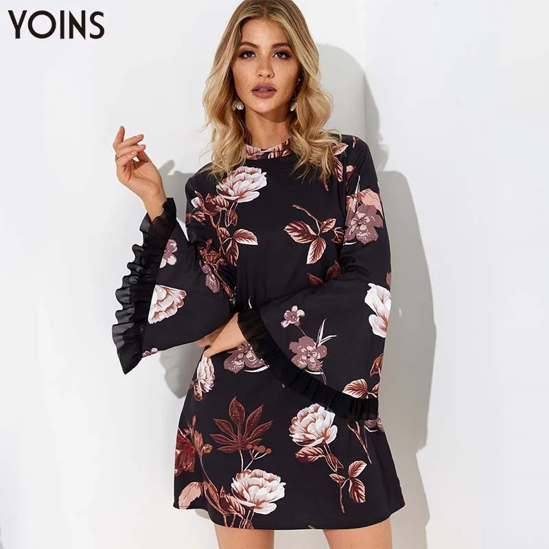 YOINS цветочные платья с воротником стойкой и рукавом колокольчиком высокой талией