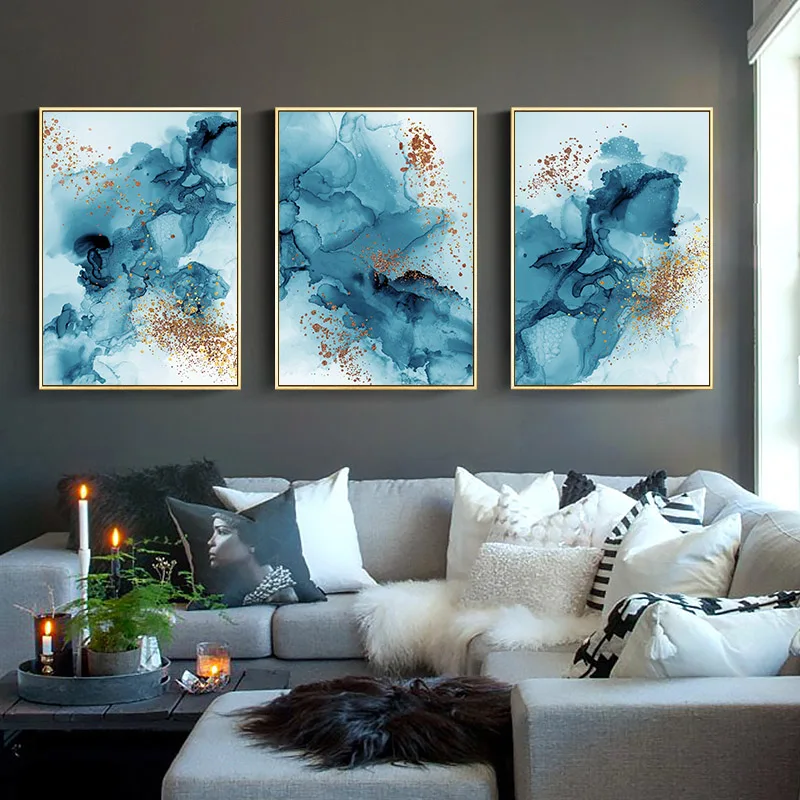 Абстрактная синяя Акварельная Краска Холст Картина плакат Современный