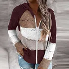 Вязаная толстовка с капюшоном, зимняя женская толстовка с капюшоном, цветные вставки, с вырезами, с длинным рукавом, женские толстовки, 2021