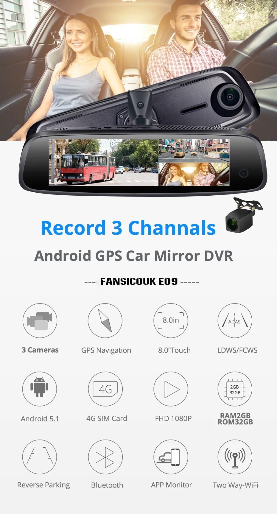 4G ADAS, 3 канала, 4 ядра, 2 Гб ram, 32 ГБ rom, Android, Автомобильный видеорегистратор, зеркало заднего вида, gps, FHD, 1080 P, видеорегистратор, автомобильный специальный кронштейн E09