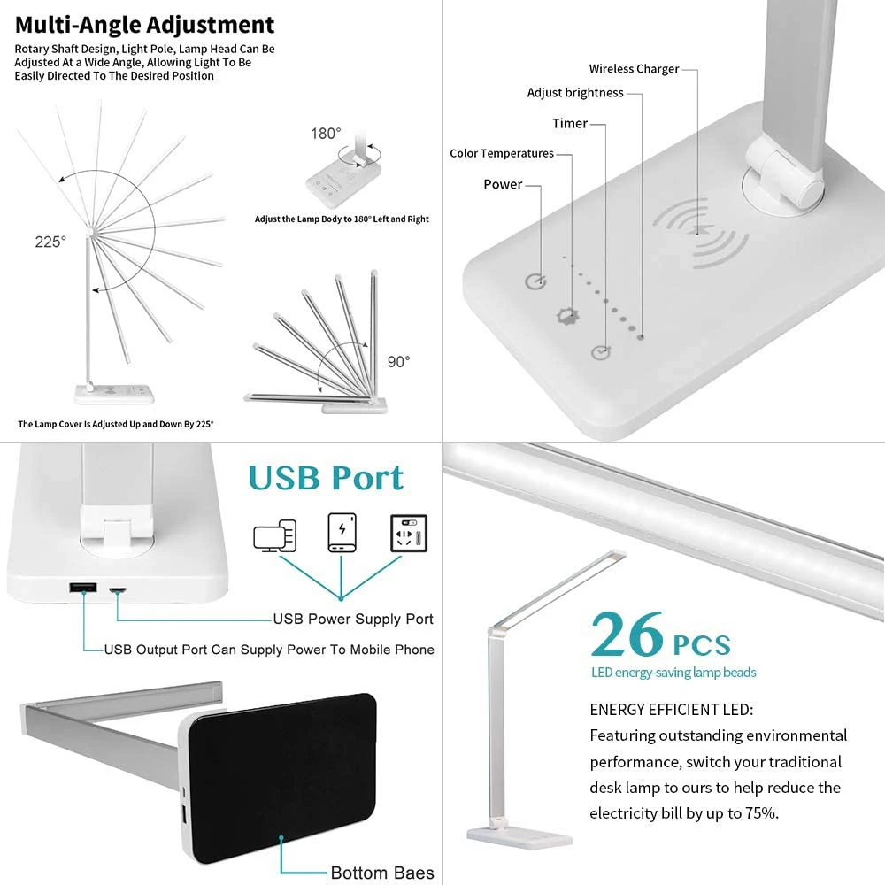 Светодиодная настольная лампа с беспроводным зарядным устройством и USB-портом