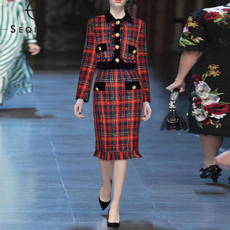 

SEQINYY Red Elegant Set Spring Autumn New Fashion Design Women Runway Jacket + Tassel Sheath Skirt Knee Plaid Office Lady