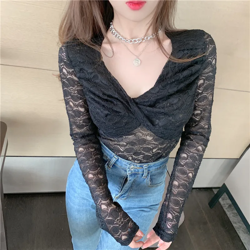 

Sexy V-Neck Lace Women Blouse 2021 Spring New Hollow Out Long Sleeve Slim Shirt Ladies Elegant Short Top