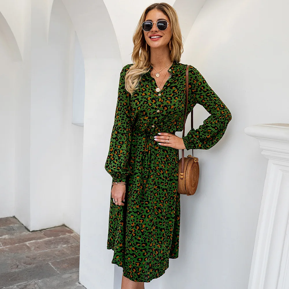 

Leopard Print Bohemia Dress Women Elegent Full Sleeve V Neck Spring Summer Medium Long Dress Female Mid Calf Dress Office Lady