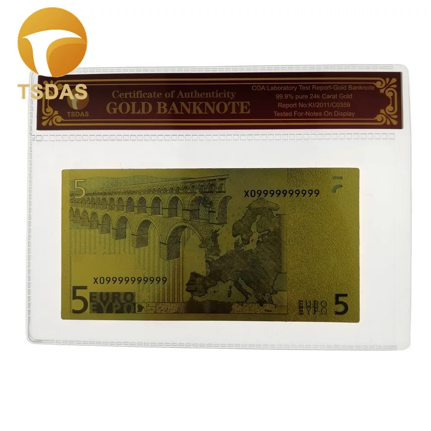 EURO Gold Banknote in Colors Luxury 999 24k Golden Note Collectible In Plastic COA Frame for Collection | Дом и сад