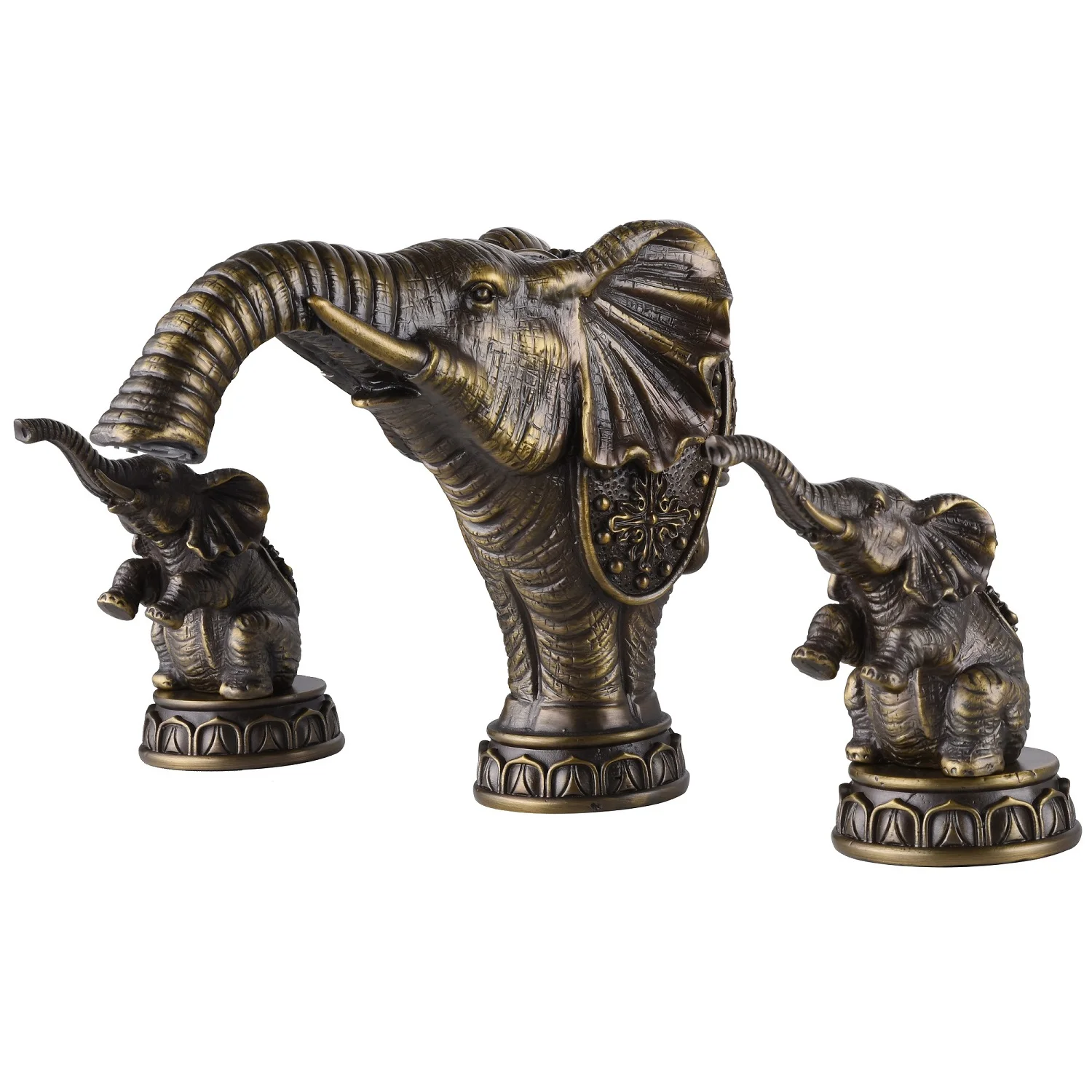 

8-16 inch 2 handle 3 hole large area bathroom sink faucet antique brass matching metal pop-up elephant floor drain (bronze)