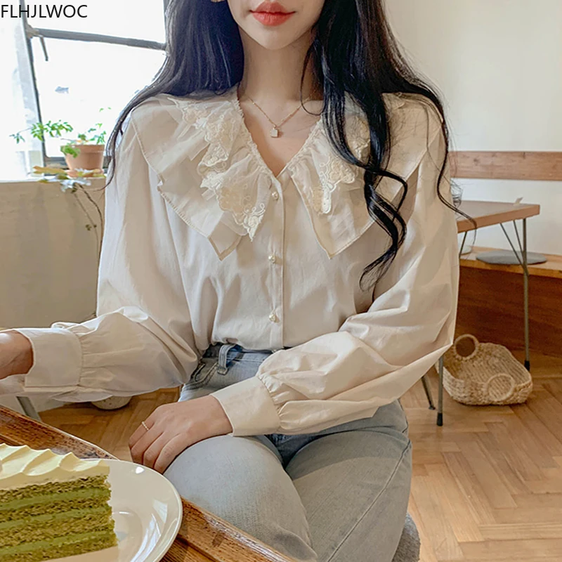 

Женская кружевная блузка составного кроя, белая Базовая рубашка с длинным рукавом, однобортная блузка на пуговицах с оборками, шикарная оде...