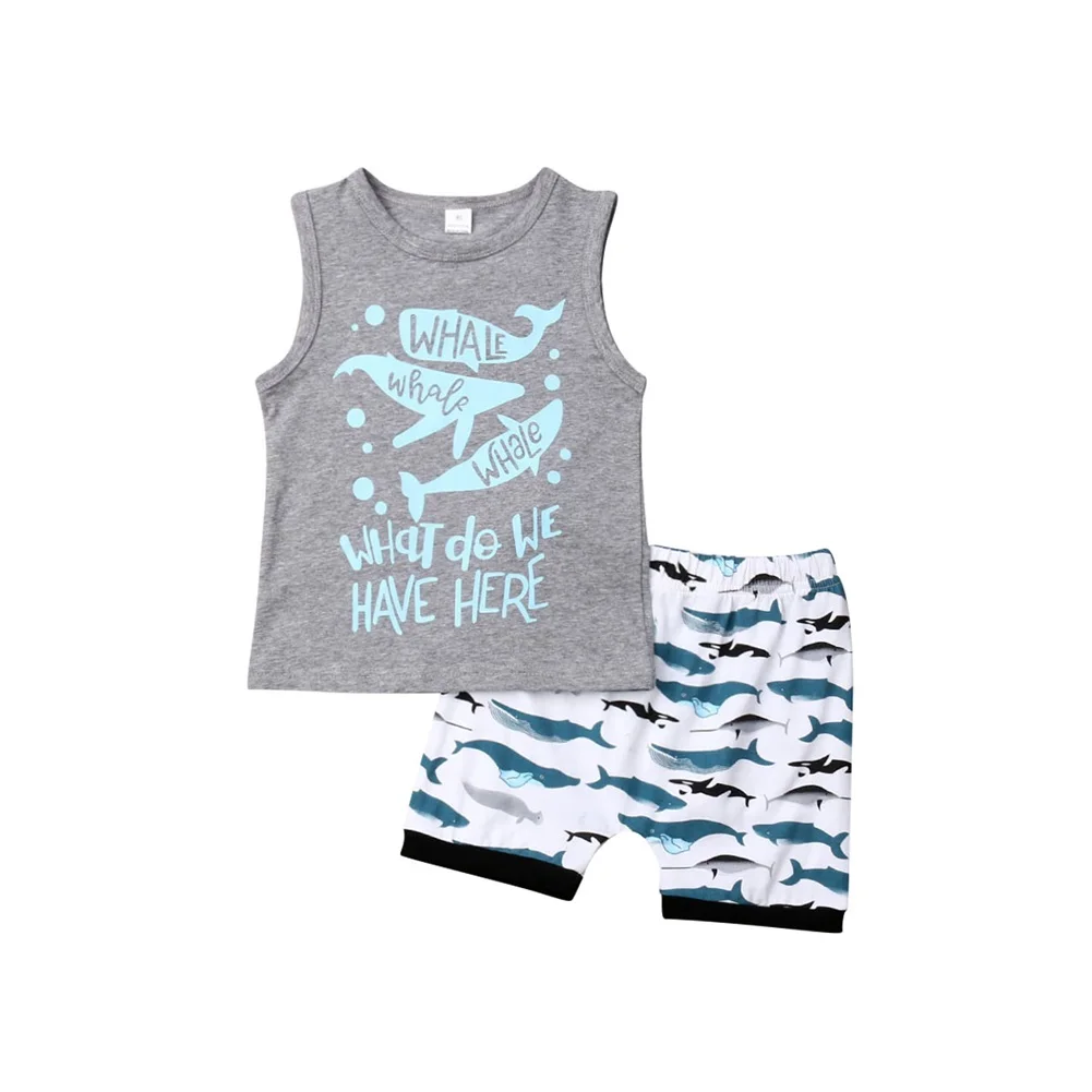Toddler Kids Baby Boy Clothes Set Casual Summer Sleeveless Letter Gray Tops Tee T-shirts Shark Shorts 2Pcs Outfit Clothing | Детская