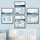 Милые морские животные, Кит, черепаха, мультфильм, настенная Картина на холсте, скандинавские постеры и принты, детский Декор для детской комнаты