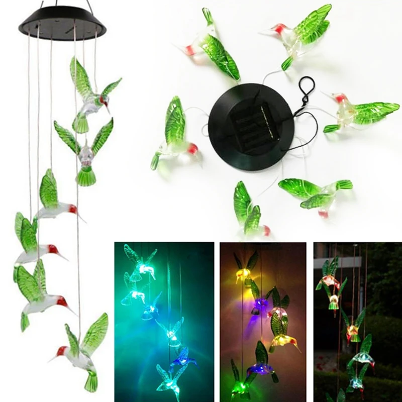 Humming Bird LED Solar Light Romantic Windbell Wind Chime String Lamp Pendant Color Changing for Garden Patio Yard Decor Lamp