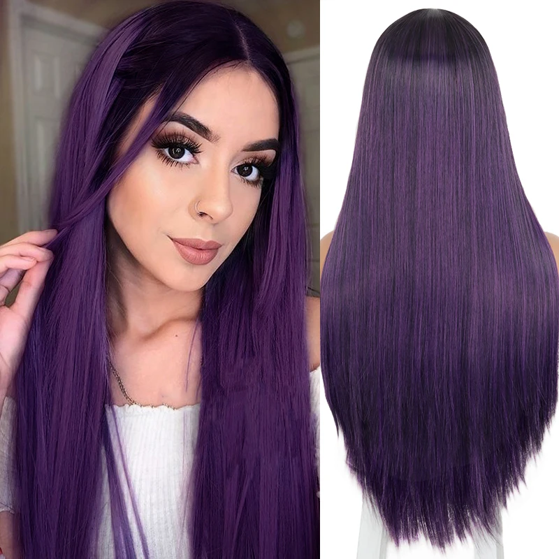 

Linghang Long Straight Synthetic Wig For Women Middle Part Wigs Purple Black Heat Resistant Fiber Cosplay Costume Wig 11 Color