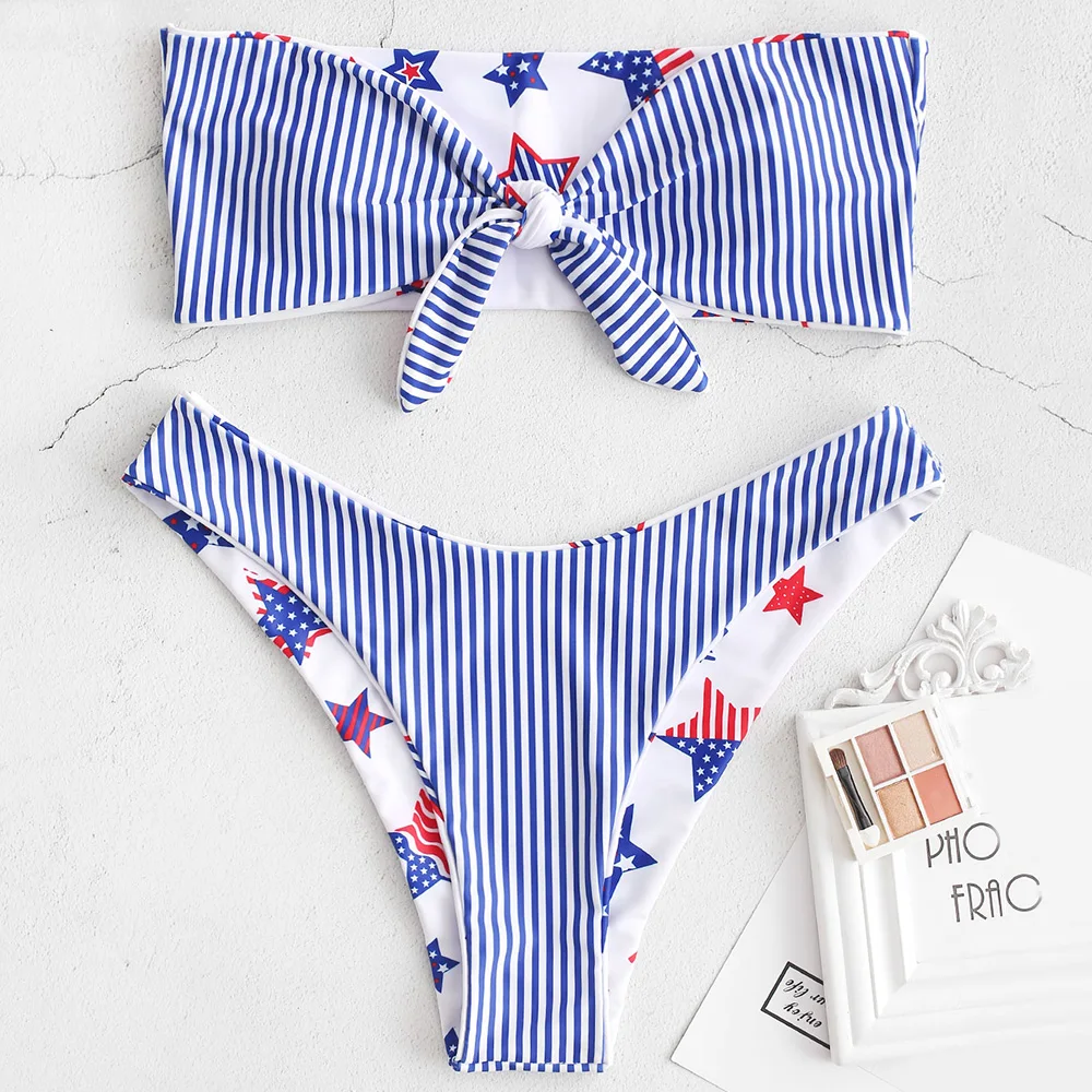 

ZAFUL Reversible Bikini American Flag Tied Strapless Bikini 2019 Women Swimwear Independence Day Sexy Padded Bathing Suit