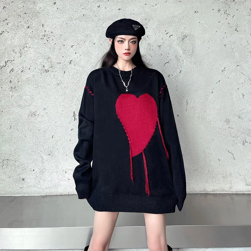 

Korean Winter New Sweet Heart-shaped Pattern Tassel Pullovers Vintage Harajuku Style Full Sleeve Loose Knitting Casual Sweater