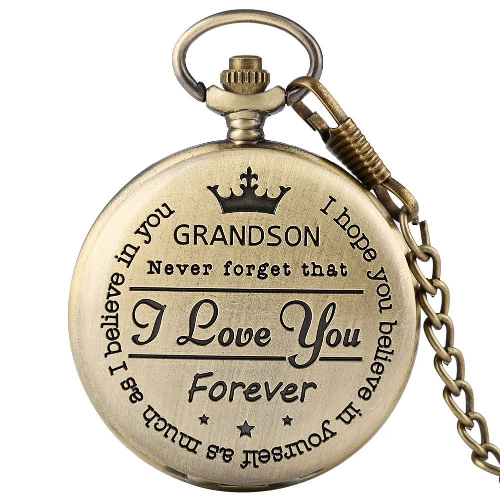 Bronze To My Grandson Quartz Pocket Watch Customized Carving Fob Chain Vintage Pendant Clock Special Gifts For Boy Son bronze quartz to my son pocket watch vintage arab roman digital double scale dial pendant chain clock hours to kids gifts