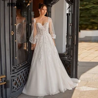 fivsole sweetheart tulle wedding dress 2021 modern bridal lace appliques sweep train boho long puff sleeves robe de mariee