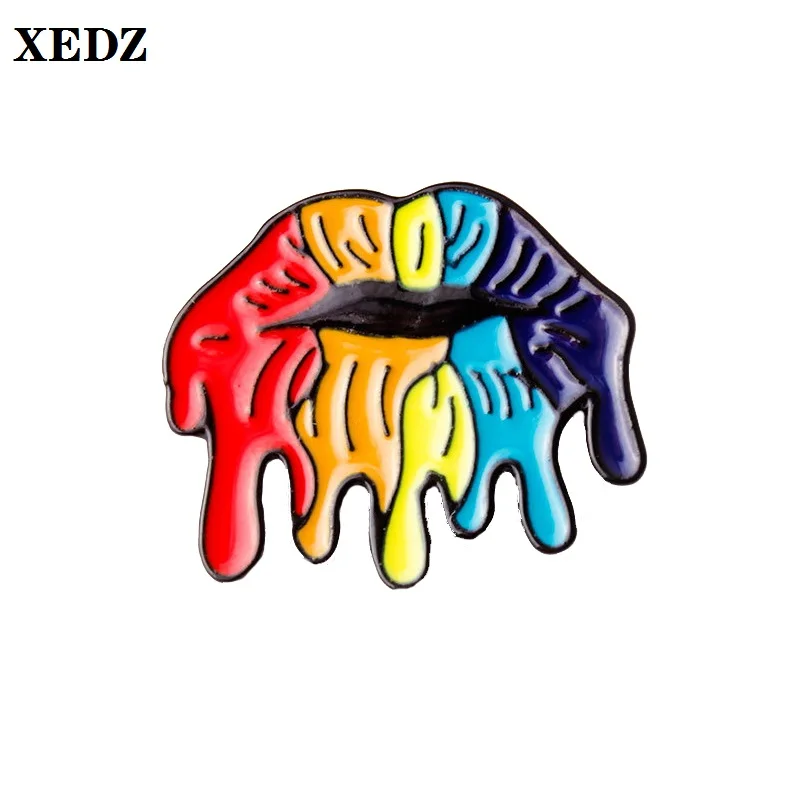 Металлическая эмалированная булавка XEDZ с радужным ртом и жидкостью забавная