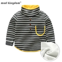 mudkingdom high neck fleece lined shirt for boys stripe long sleeves tops autumn winter casual pocket fashion kids clothes