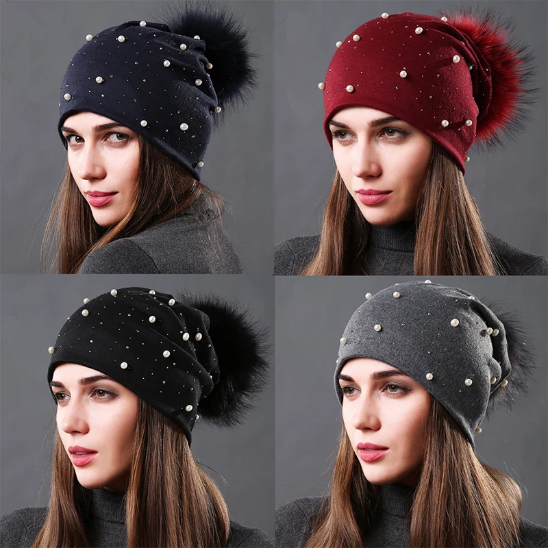 

2021 Winter Slouchy Beanie Women Pom Pom Beanie Ski Hat Thick Double Layer Cashmere Beanie Big Real Raccoon Fur Pom Pom Hat