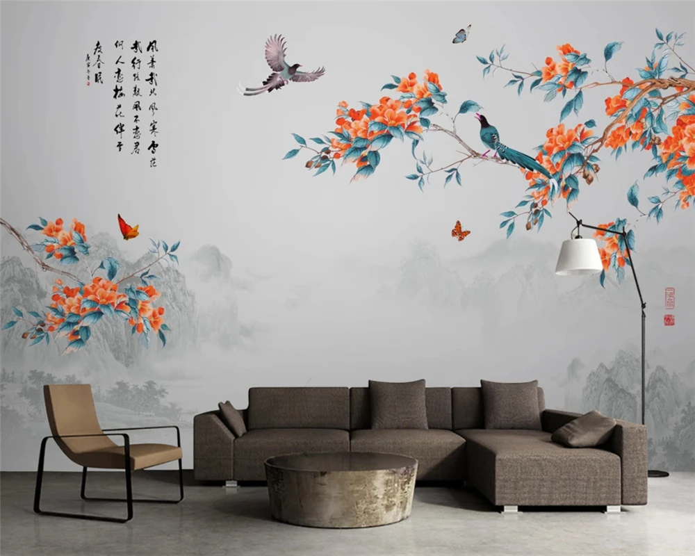 

beibehang Customized new Chinese ink landscape painting flowers wall paper birds TV background decorative painting wallpaper