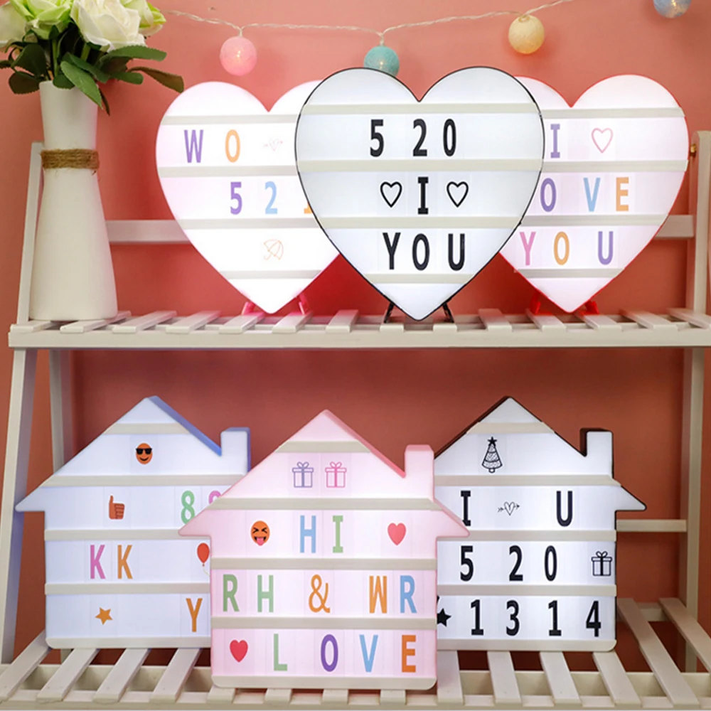 

House/Love Heart LED Night Light Box Lamp 5V Message Board Combination Letters Number Cards Decoration Lamp Cinema Lightbox