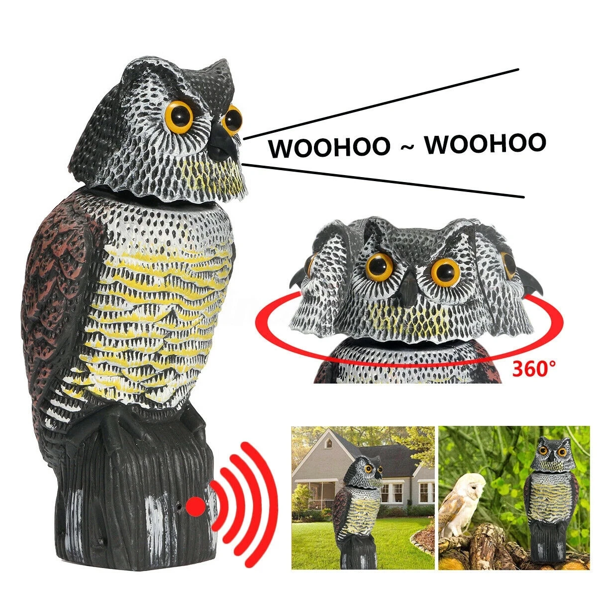 

New Realistic Bird Scarer Plastic Owl Scarecrow with Rotating Head and Sound for Garden Yard Bird Repellent Outdoor Pest Control