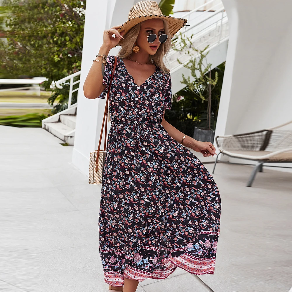 

Summer Polka Dot Print Dress Women Chiffon Beach Boho Casual V-Neck Split Party Vintage Sweet Robe Long Midi Dresses with Sashes