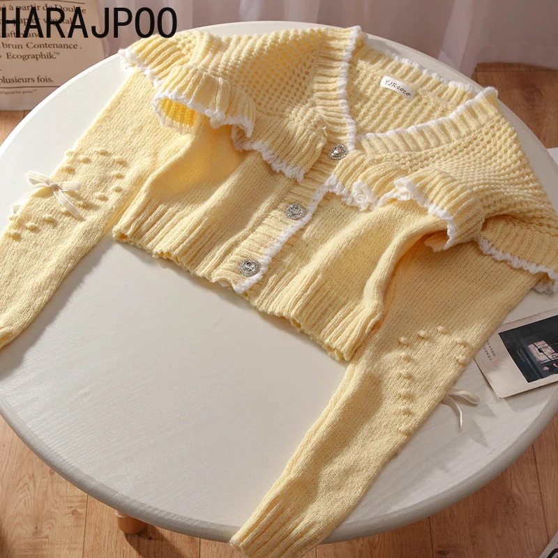 

Женский однобортный Кардиган Harajpoo, с оборками, бантом и V-образным вырезом, милый укороченный свитер в Корейском стиле Харадзюку с длинным р...