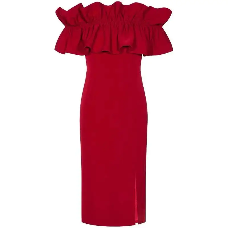 

COIGARSAM Beach French Style Ruffles Women dress Vintage Slash neck High Waist Dresses Red 1858