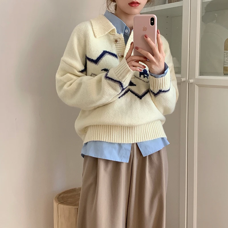 

Hzirip 2021 New Spring Autumn Outwear Knitted Pullover Tops Loose Bottoming Sweater Women Loose Elegant Warm Print Sweaters