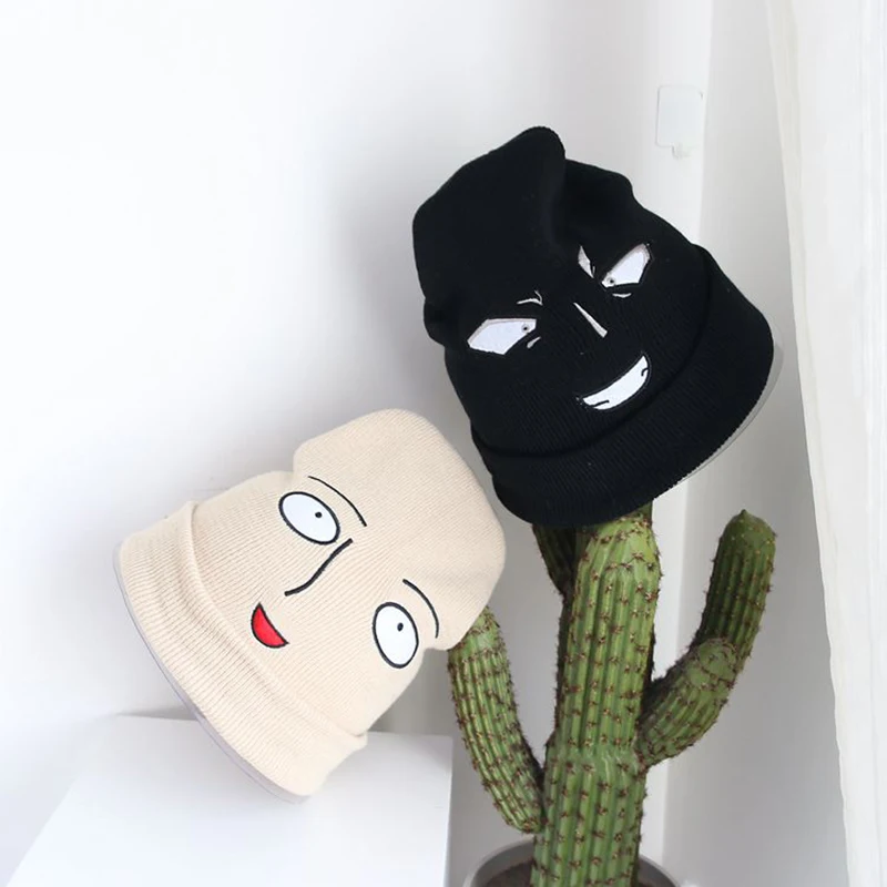 

New Cute Funny Harajuku Cartoon One Punch Man Bald Saitama Embroidered Knitted Hat Women Hat Men Hat