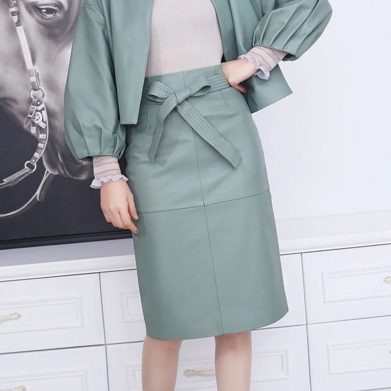 

Spring Autumn Green Pink Real Sheep Skin Genuine Patent Leather Skirt High Waisted Midi Pencil Skirts Women Party Sexy Clothes