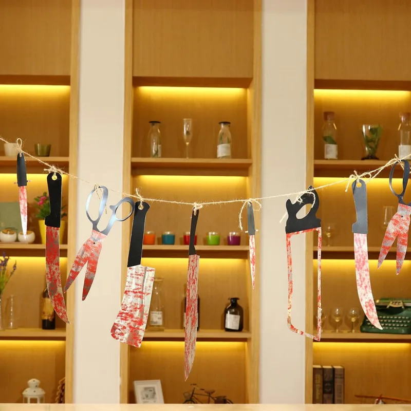 1 Набор ножницы для пилы нож крови баннер флаг Хэллоуин ужас дом с привидениями